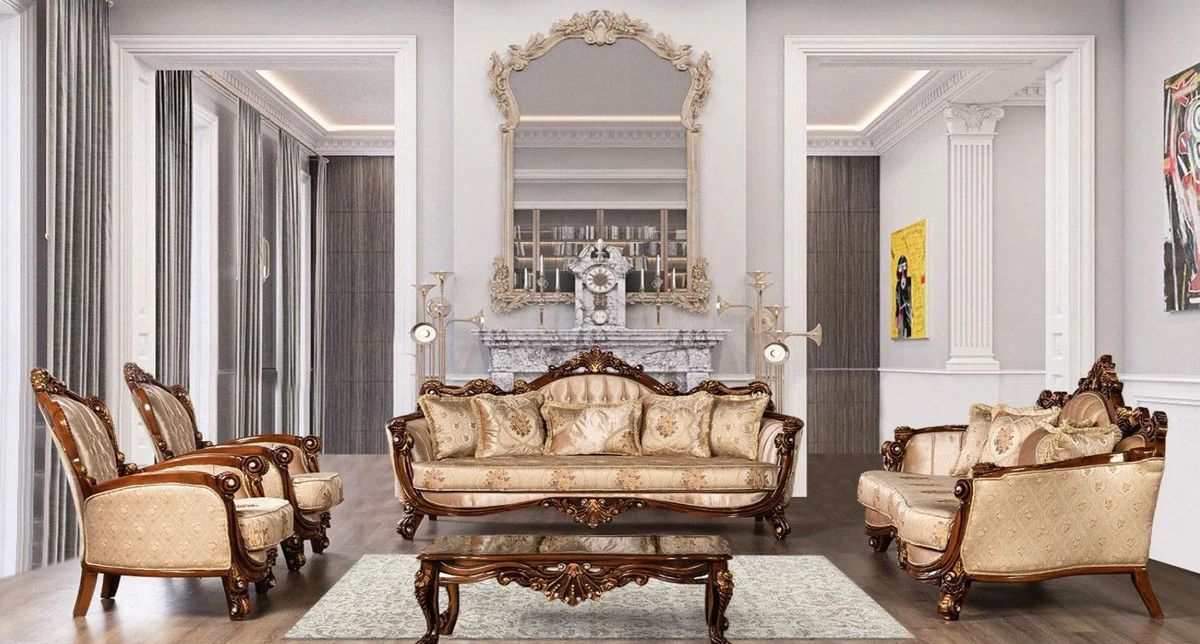 Luxus Barock Sofa Beige / Braun / Gold - Prunkvolles Wohnzimmer Sofa mit elegantem Muster - Barock Möbel - Edel & Prunkvoll