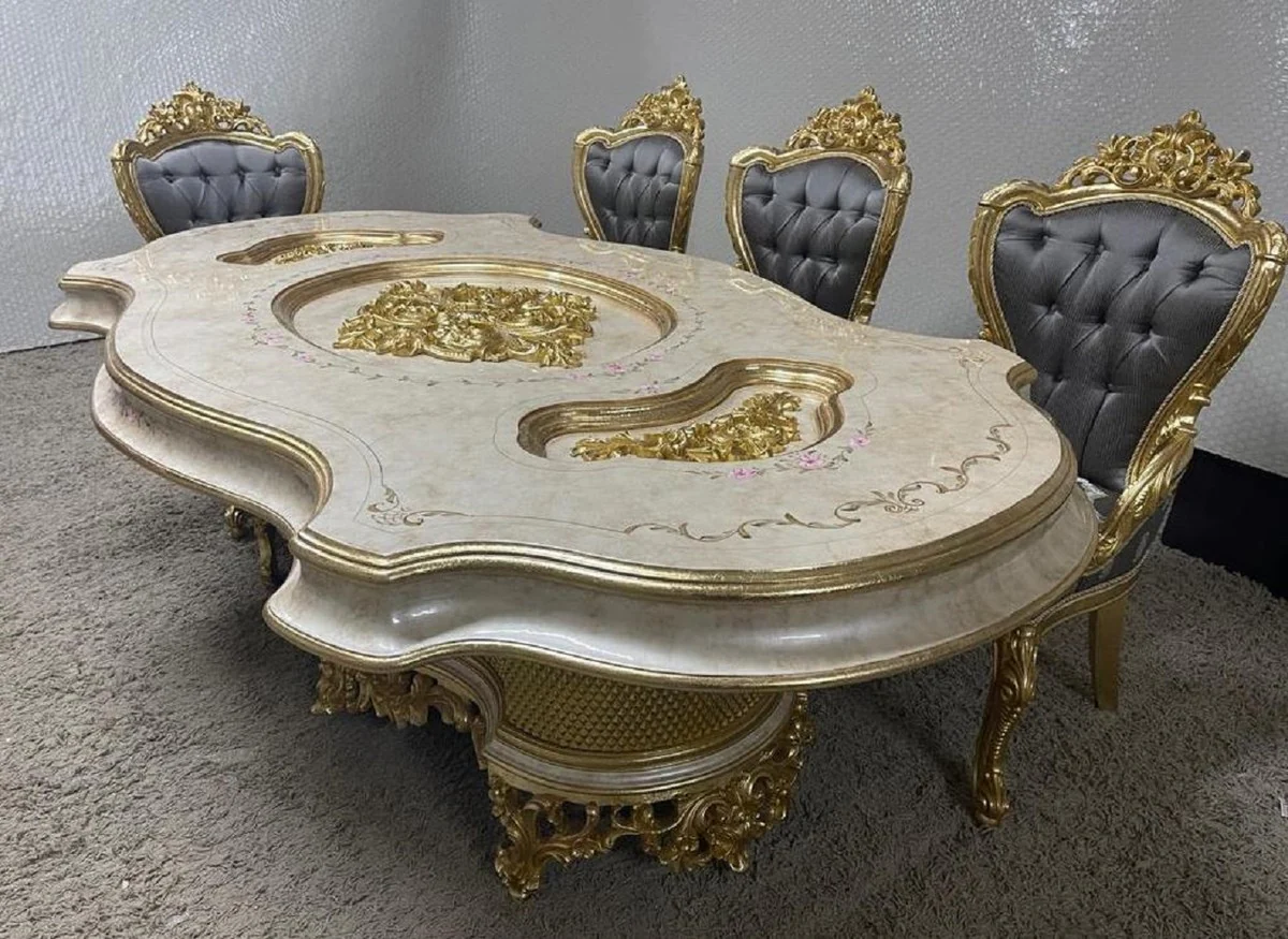 Luxus Barock Esszimmer Set Mehrfarbig / Grau / Gold - 1 Barock Esstisch & 8 Barock Esszimmerstühle - Barock Esszimmer Möbel - Luxus Esszimmer Möbel im Barockstil - Edel & Prunkvoll