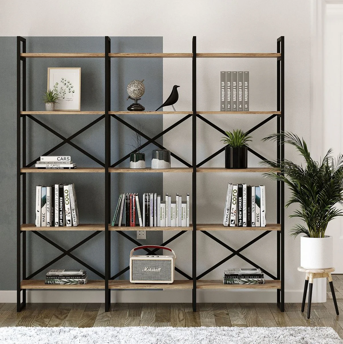 Luxus Regalschrank mit Massivholz Regalen Schwarz / Naturfarben 170 x 30 x H. 175 cm - Bücherschrank - Wohnzimmer Schrank - Büro Schrank - Wohnzimmer Möbel - Büro Möbel - Luxus Möbel