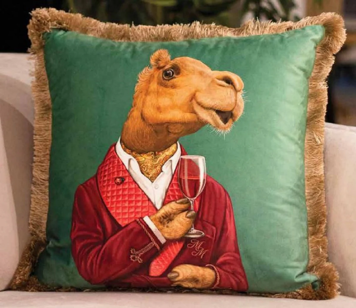 Luxus Deko Kissen Gentleman Kamel Grün / Mehrfarbig / Braun 45 x 45 cm - Bedrucktes Samt Kissen mit Fransen - Luxus Qualität
