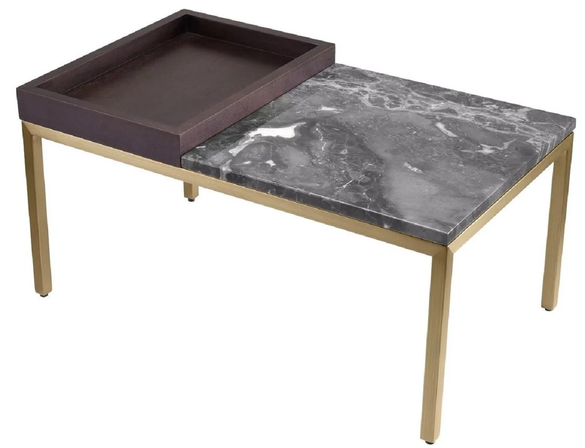 Luxus Beistelltisch Messing / Braun / Grau 70 x 40 x H. 35 cm - Rechteckiger Messing Tisch mit Walnuss Furnier und Marmorplatte - Wohnzimmer Möbel - Luxus Möbel - Luxus Einrichtung
