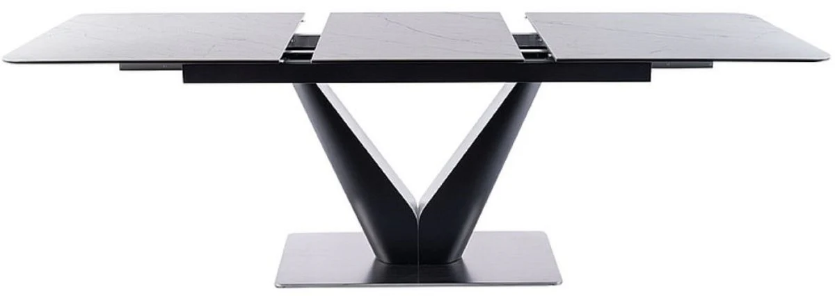 Luxus Esstisch mit gehärteter Glaskeramik Tischplatte in Marmoroptik Weiß / Matt Schwarz / Silber 160-220 x 90 x H. 76 cm - Ausziehbarer Küchentisch - Esszimmer Möbel - Luxus Möbel