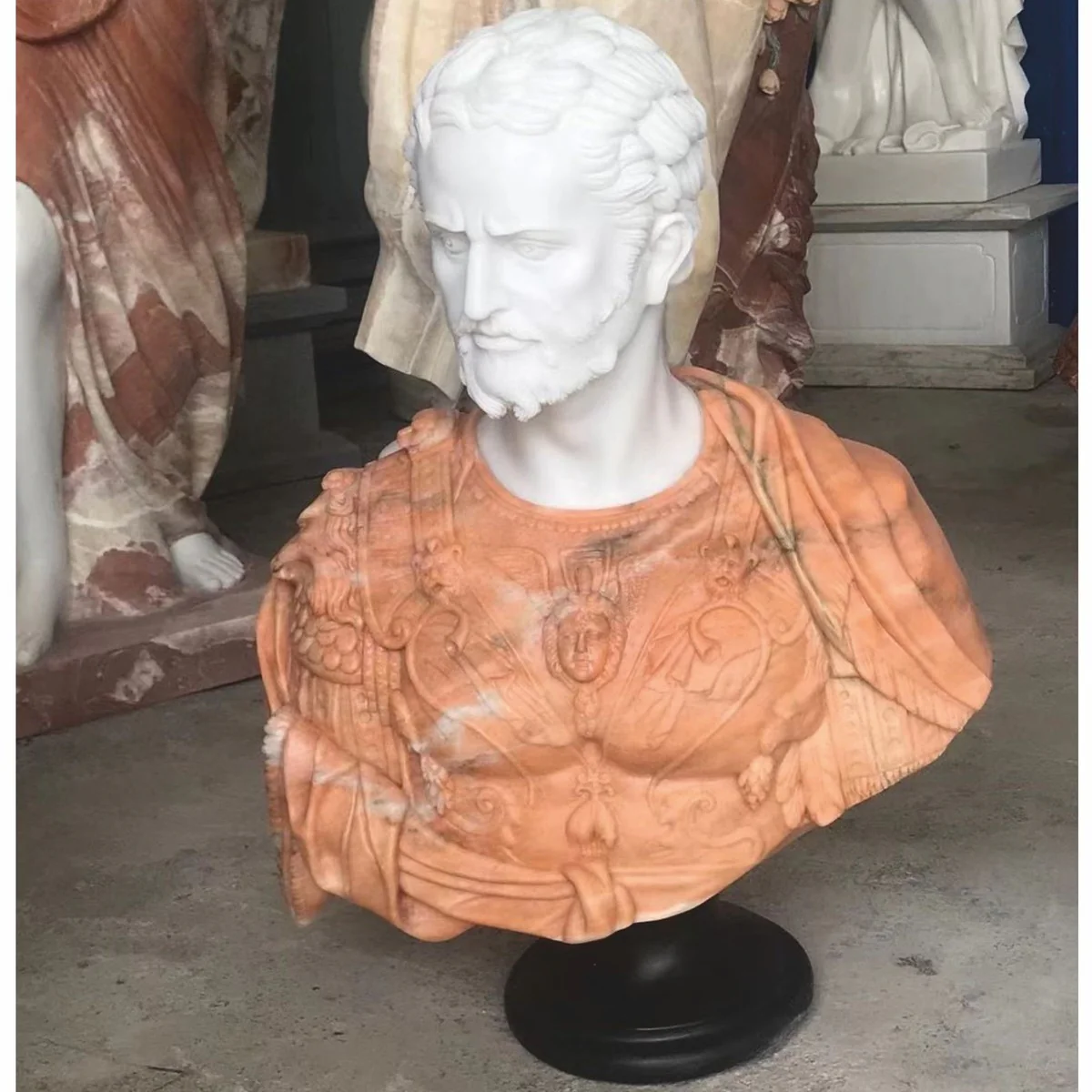 Luxus Antik Stil Marmor Büste Römer Weiß / Orange / Schwarz H. 80 cm