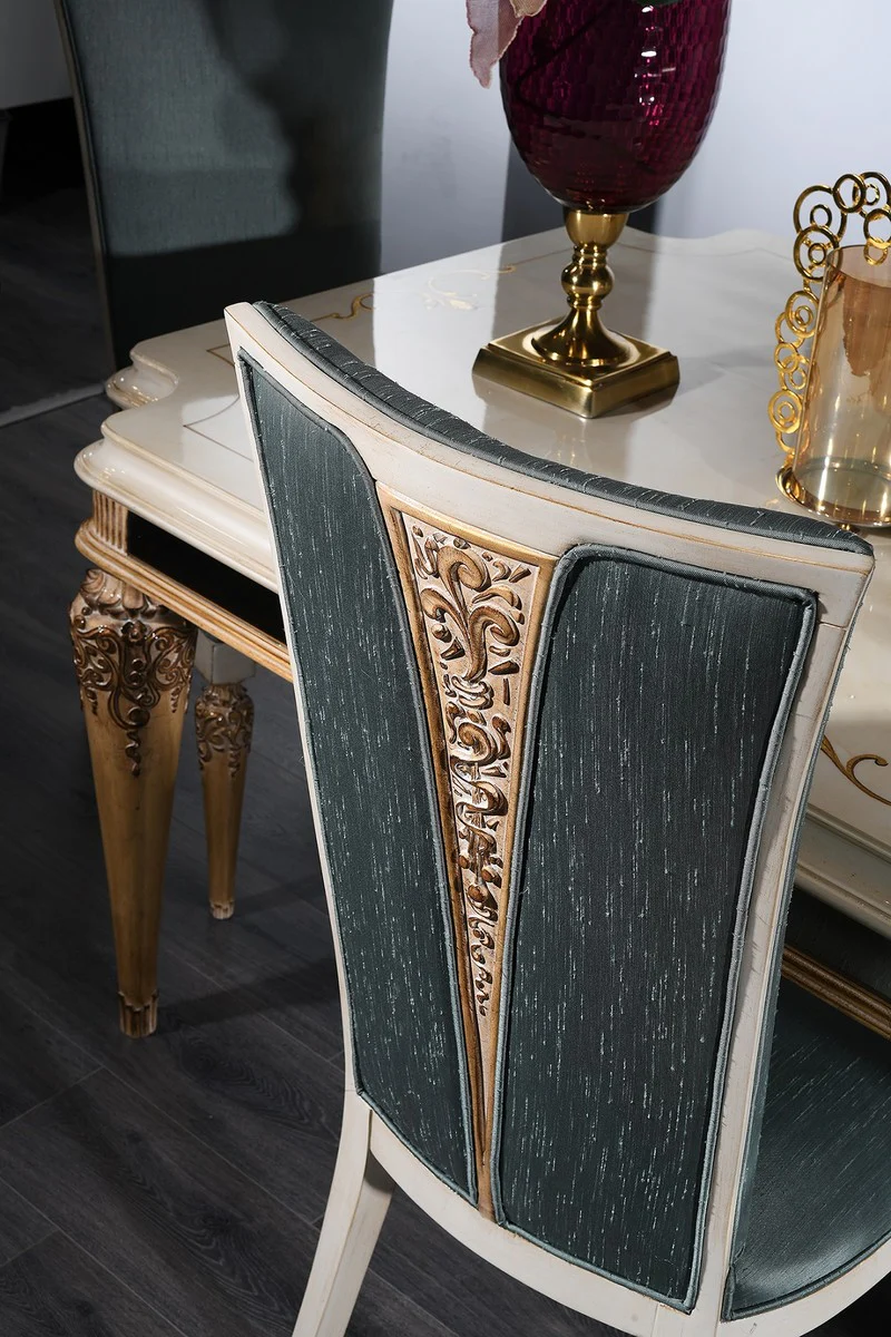 Luxus Barock Esszimmer Set Türkis / Weiß / Gold - 1 Esstisch und 4 Esszimmerstühle - Barock Esszimmermöbel