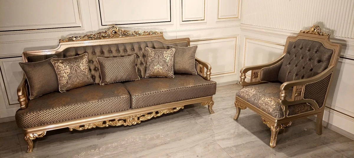 Luxus Barock Wohnzimmer Sofa Grau / Gold - Handgefertigtes Barockstil Sofa - Luxus Wohnzimmer Möbel im Barockstil - Barock Möbel - Edel & Prunkvoll