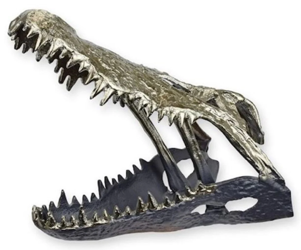 Luxus Aluminium Deko Skulptur Krokodil Schädel Silber / Schwarz 36 x 24,2 x H. 30 cm - Aluminium Deko Figur - Wohnzimmer Deko - Schreibtisch Deko