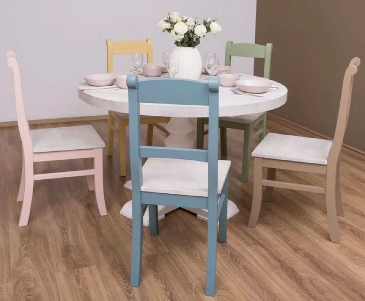 Landhausstil Esszimmer Möbel Set Hellgrau / Bunt - 1 Esstisch & 5 Esszimmerstühle - Massivholz Esszimmer Möbel - Landhausstil Möbel