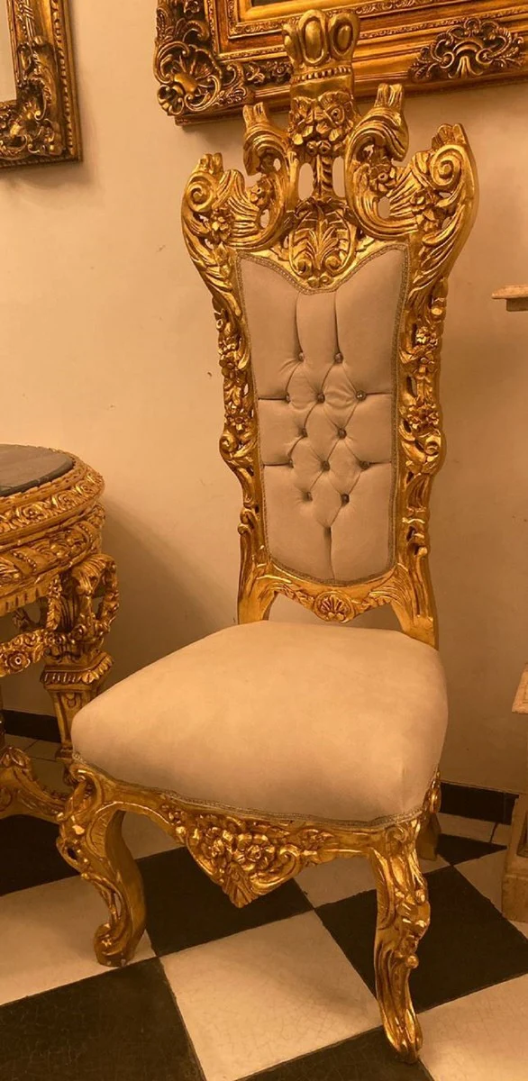 Barock Thron Stuhl Creme / Gold - Handgefertigter Hochlehn Esszimmer Stuhl mit Samtstoff und Glitzersteinen - Barock Esszimmer Möbel