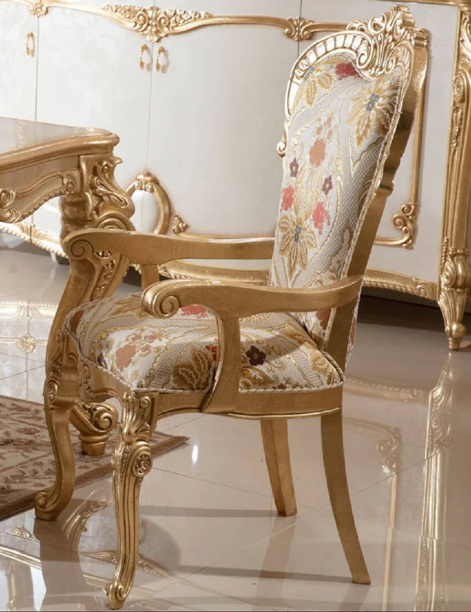Luxus Barock Esszimmer Stuhl mit Armlehnen Mehrfarbig / Gold H. 115 cm