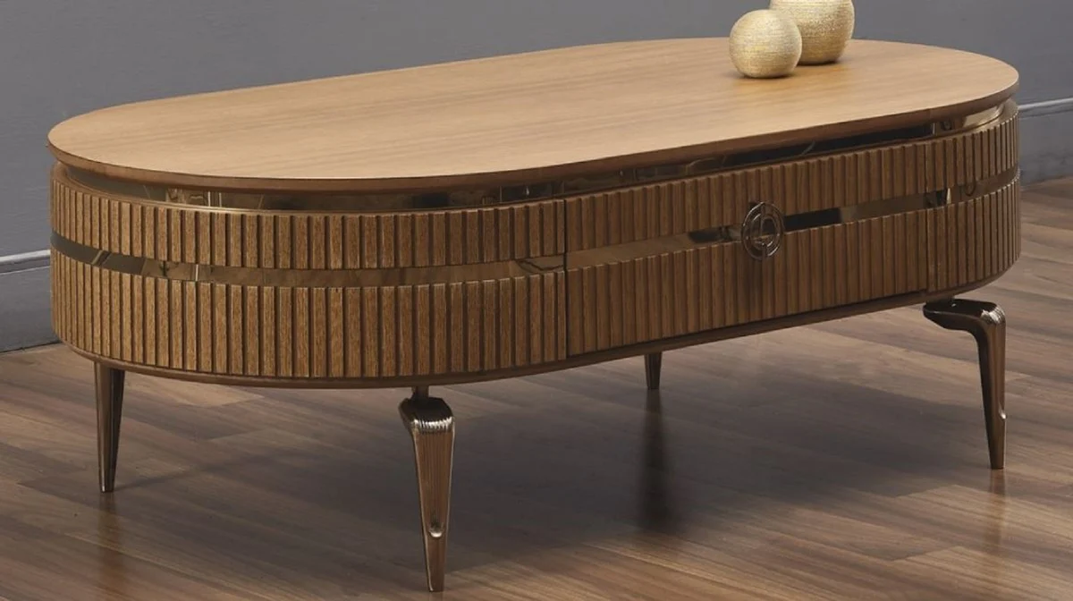 Luxus Art Deco Couchtisch Hellbraun / Gold 120 x 67 x H. 42 cm - Ovaler Wohnzimmertisch mit Schublade - Wohnzimmer Möbel - Art Deco Möbel - Luxus Möbel