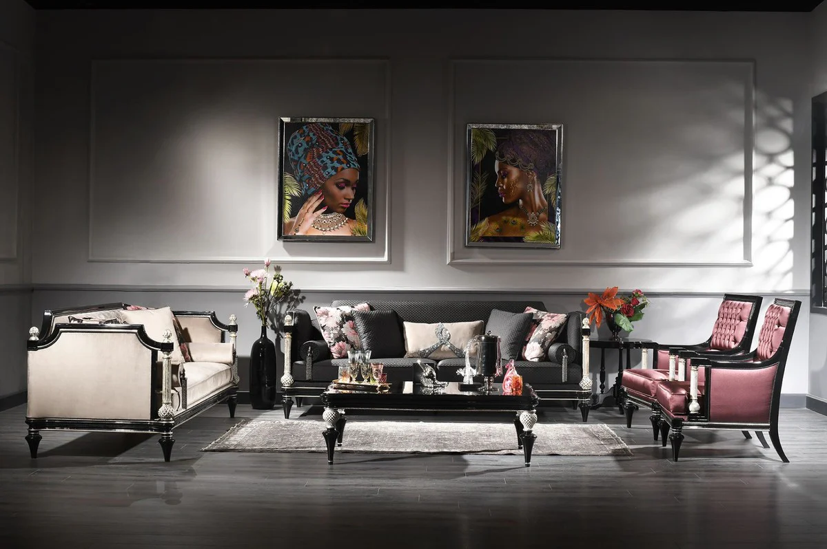 Luxus Barock Couchtisch Schwarz / Silber - Handgefertigter Massivholz Wohnzimmertisch im Barockstil - Barock Wohnzimmer Möbel