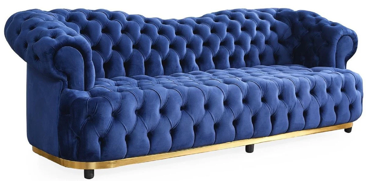 Luxus Chesterfield Samt Sofa Blau / Gold / Schwarz 240 cm