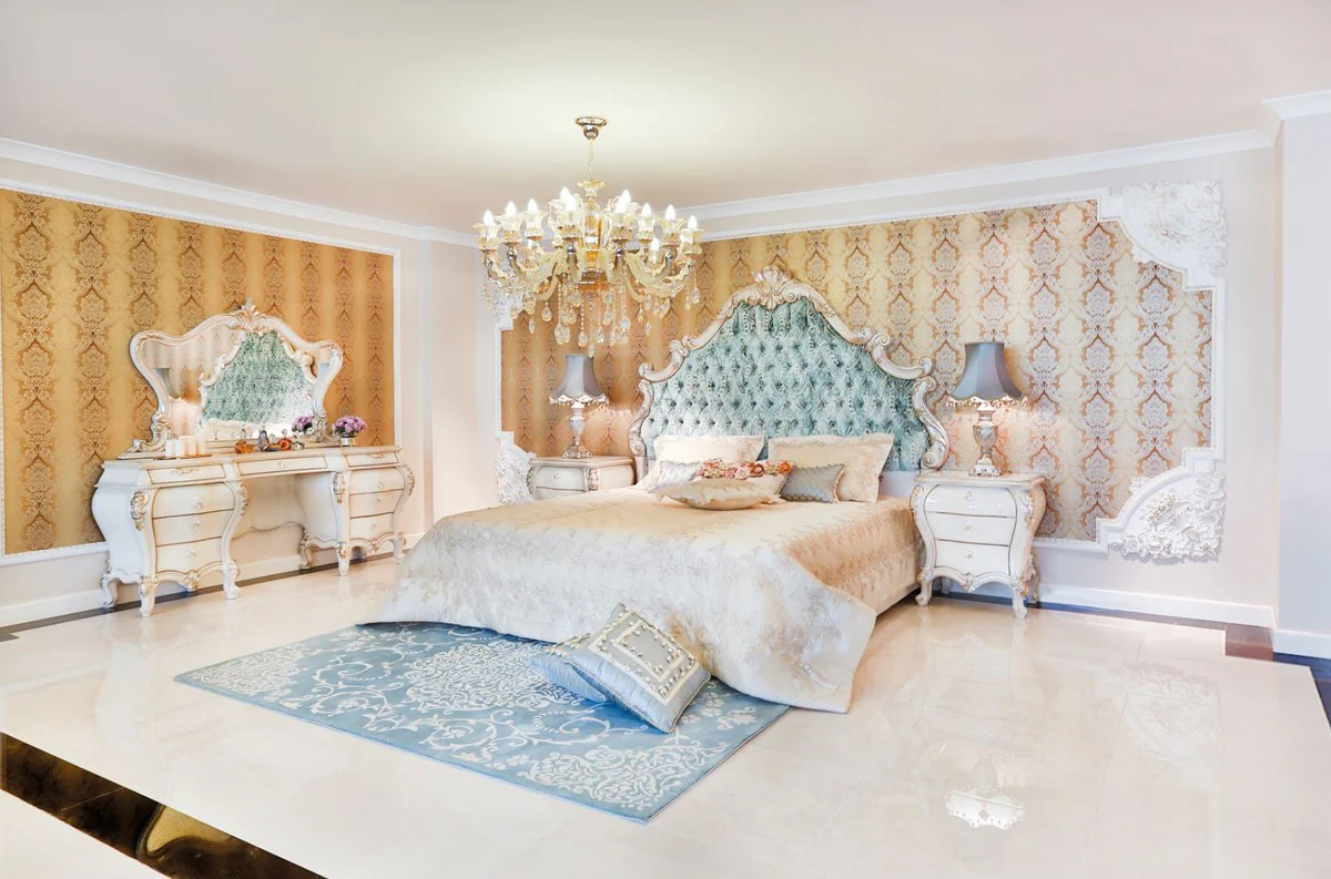 Luxus Barock Nachtkommode Creme / Gold 60 x 55 x H. 68 cm - Prunkvoller Massivholz Nachttisch - Barock Schlafzimmer Möbel