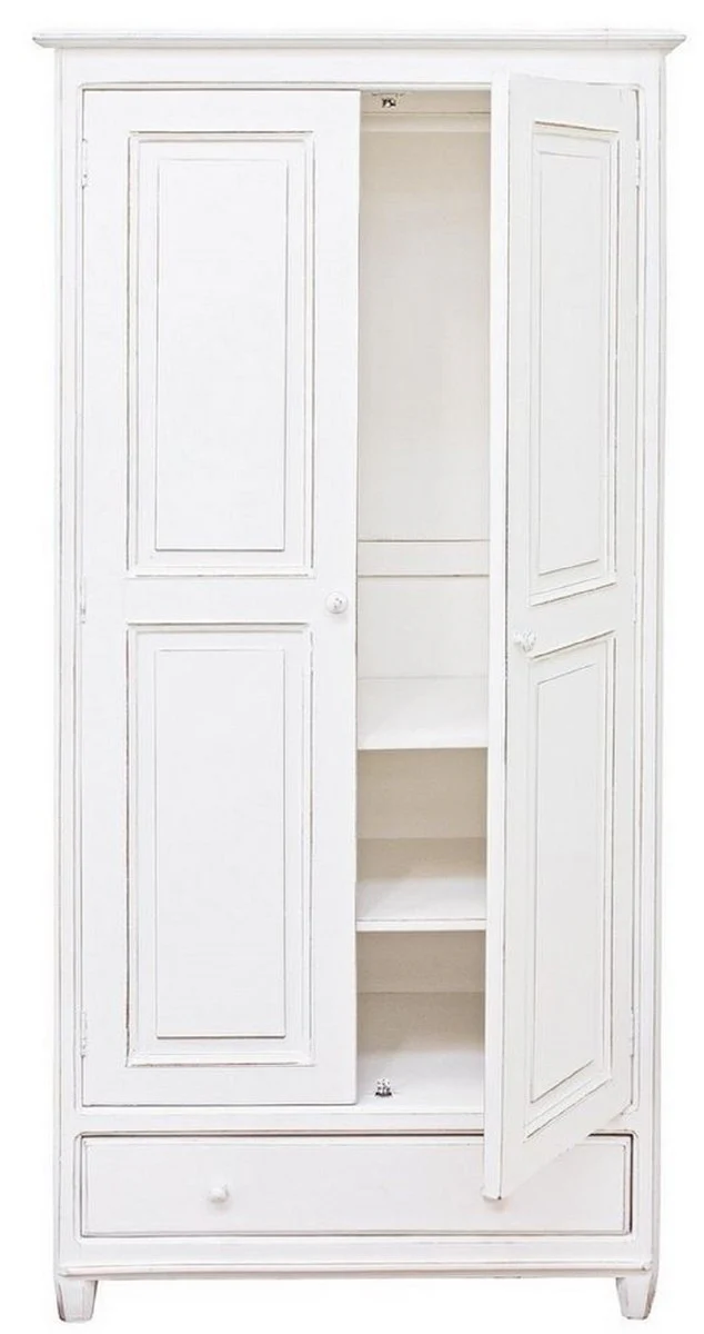 Landhausstil Schlafzimmerschrank Antik Weiß 90 x 55 x H. 190 cm - Massivholz Kleiderschrank mit 2 Türen und Schublade - Massivholz Schlafzimmer Möbel im Landhausstil