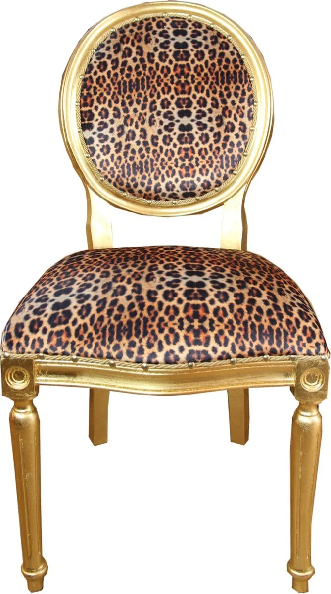 Luxus Barock Esszimmer Set Medaillon Leopard / Gold 50 x 52 x H. 99 cm - 4 handgefertigte Esszimmerstühle - Barock Esszimmermöbel