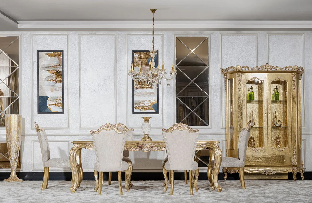 Luxus Barock Vitrine Gold - Handgefertigter Massivholz Vitrinenschrank mit 2 Glastüren und Schublade - Luxus Möbel im Barockstil - Barock Möbel - Edel & Prunkvoll