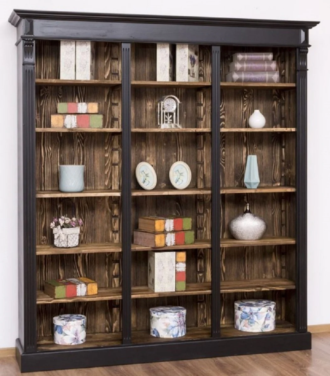 Landhausstil Regalschrank Schwarz / Dunkelbraun 180 x 39 x H. 197 cm - Massivholz Schrank - Bücherschrank - Wohnzimmerschrank - Büroschrank - Landhausstil Möbel