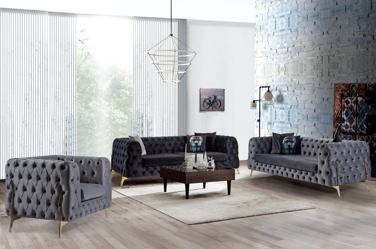 Luxus Chesterfield Samt Sofa Grau / Messing 240 x 95 x H. 81 cm - Modernes Wohnzimmer Sofa - Chesterfield Möbel