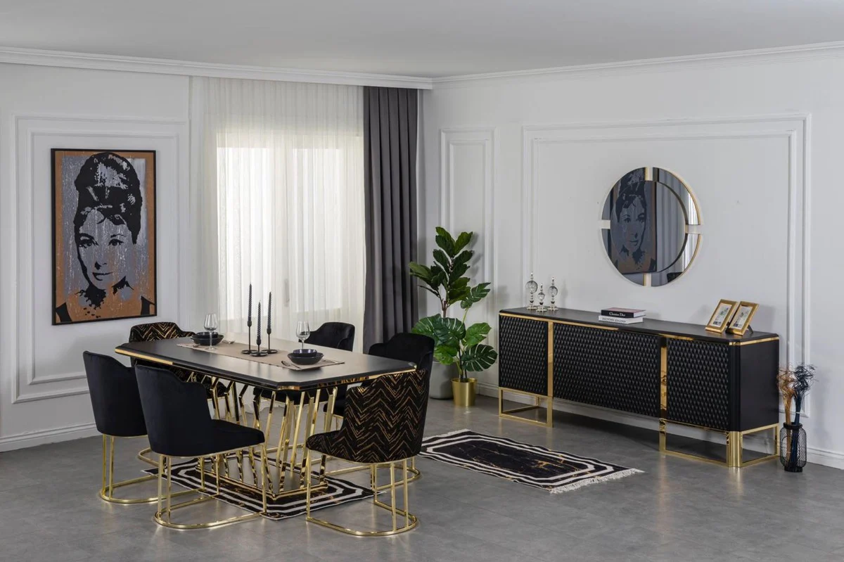 Luxus Esszimmer Möbel Set Schwarz / Gold - 1 Esszimmertisch & 6 Esszimmerstühle - Luxus Esszimmer Möbel