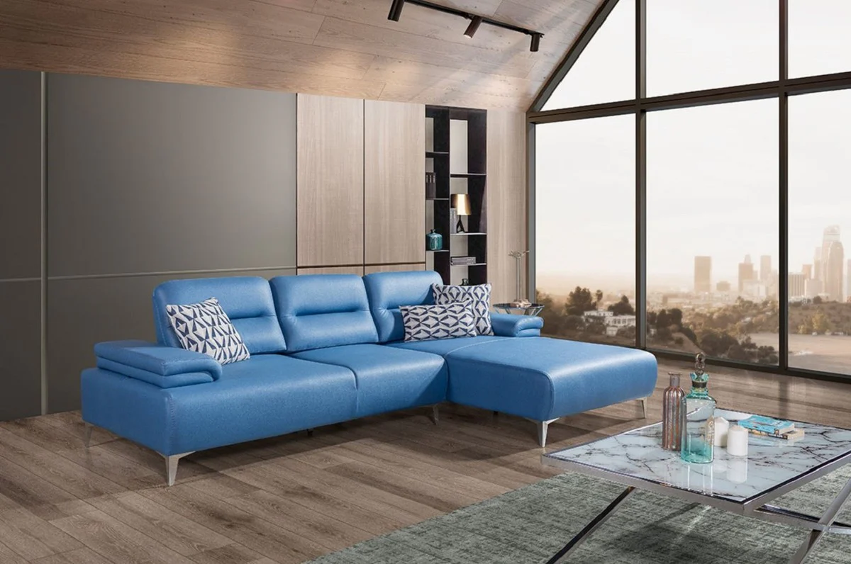 Luxus Kunstleder Ecksofa Blau / Silber 285 x 182 cm - Wohnzimmer Möbel