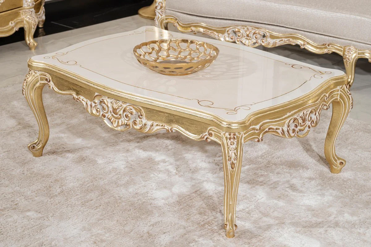Luxus Barock Couchtisch Creme / Gold 120 cm - Barockstil Wohnzimmer Möbel
