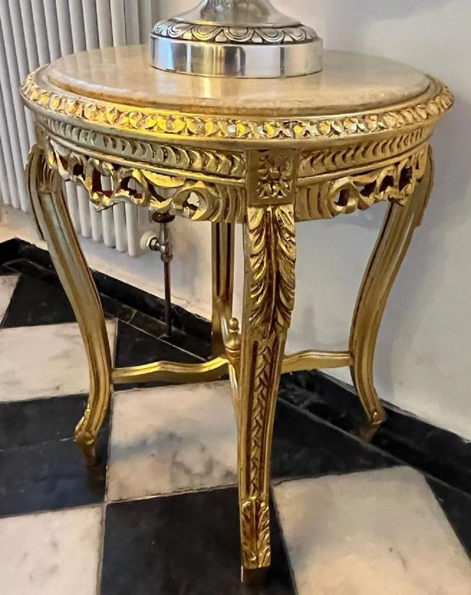 Barock Beistelltisch Gold / Grau - Runder Antik Stil Tisch mit Marmorplatte - Barockstil Wohnzimmer Möbel im Barockstil - Barock Möbel