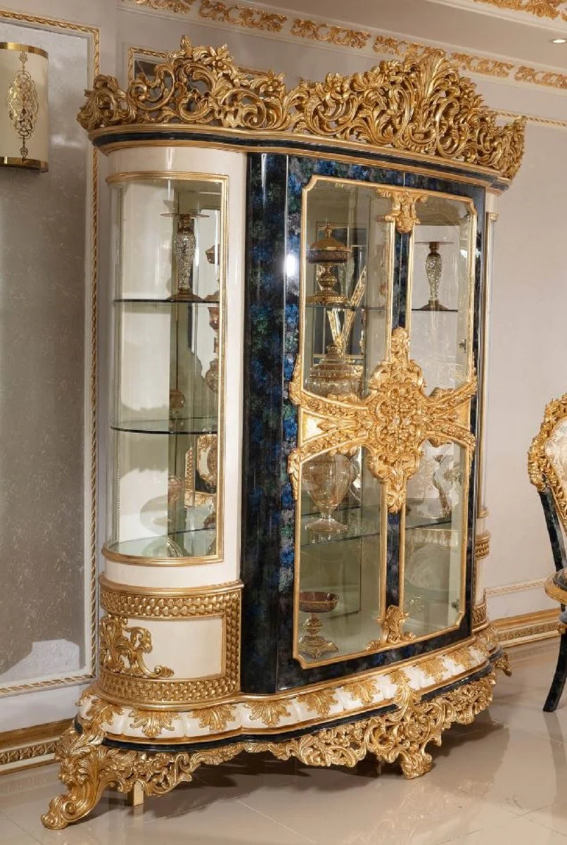 Luxus Barock Vitrine Weiß / Blau / Gold - Prunkvoller Massivholz Vitrinenschrank mit 2 Glastüren - Barock Möbel - Edel & Prunkvoll