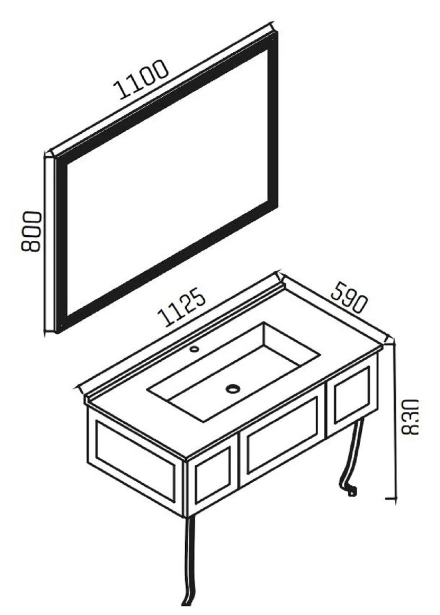 Luxus Barock Badezimmer Set Matt Schwarz / Matt Gold - 1 Barock Waschtisch mit Marmorplatte und eingebautem Keramik Waschbecken & 1 Barock LED Wandspiegel - Barock Badezimmer Möbel