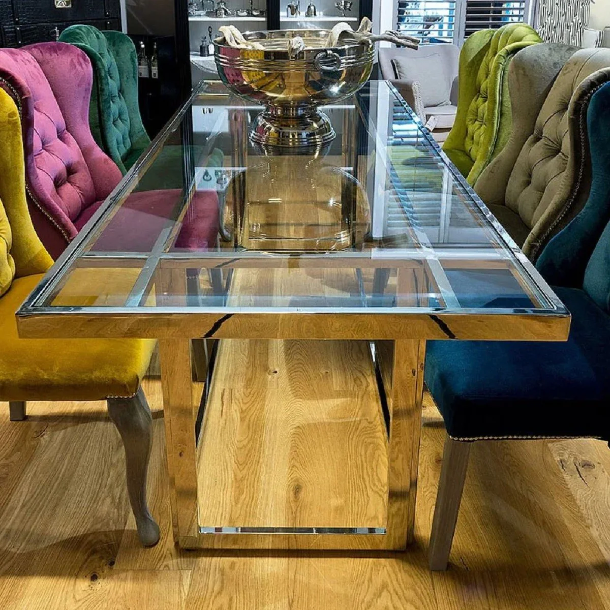 Luxus Esstisch Silber 220 x 90 x H. 77 cm - Rechteckiger Metall Esszimmertisch mit Glasplatte - Esszimmer Möbel - Luxus Möbel