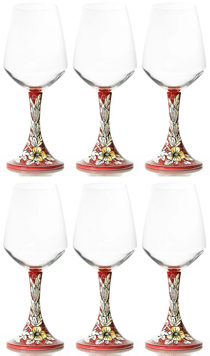 Luxus Keramik Weinglas 6er Set Rot / Mehrfarbig H. 23,5 cm - Handgefertigte & handbemalte Weingläser - Hotel & Restaurant Accessoires - Luxus Qualität - Made in Italy