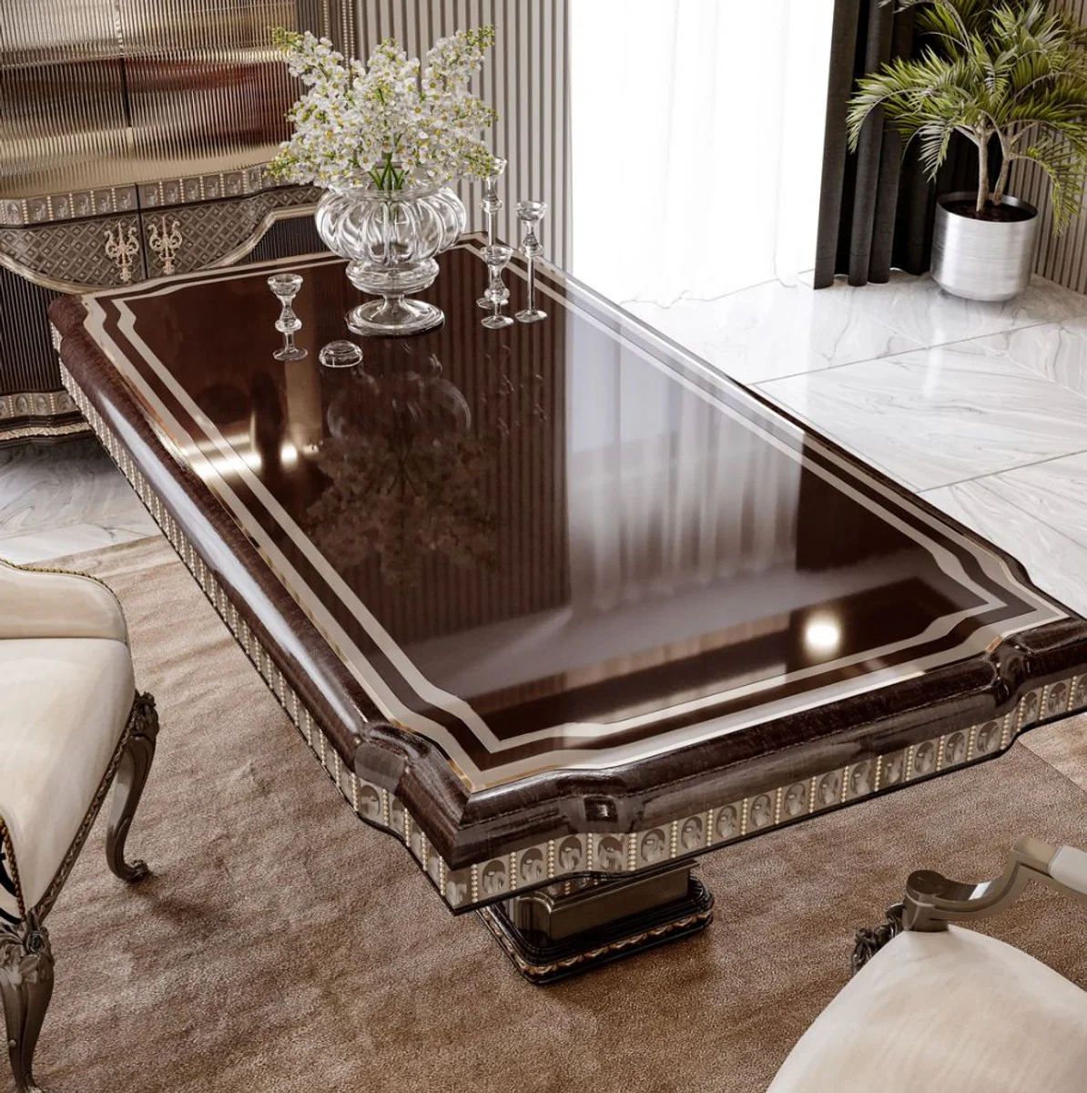 Luxus Barock Esstisch Dunkelbraun / Grau 250 cm