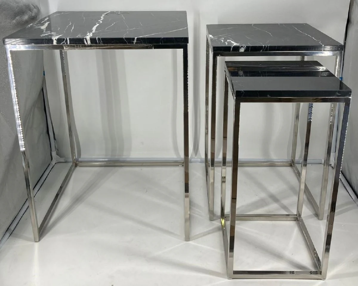 Luxus Beistelltisch 3er Set Silber / Schwarz - Edelstahl Tische mit Marmorplatte - Wohnzimmer Möbel - Luxus Kollektion