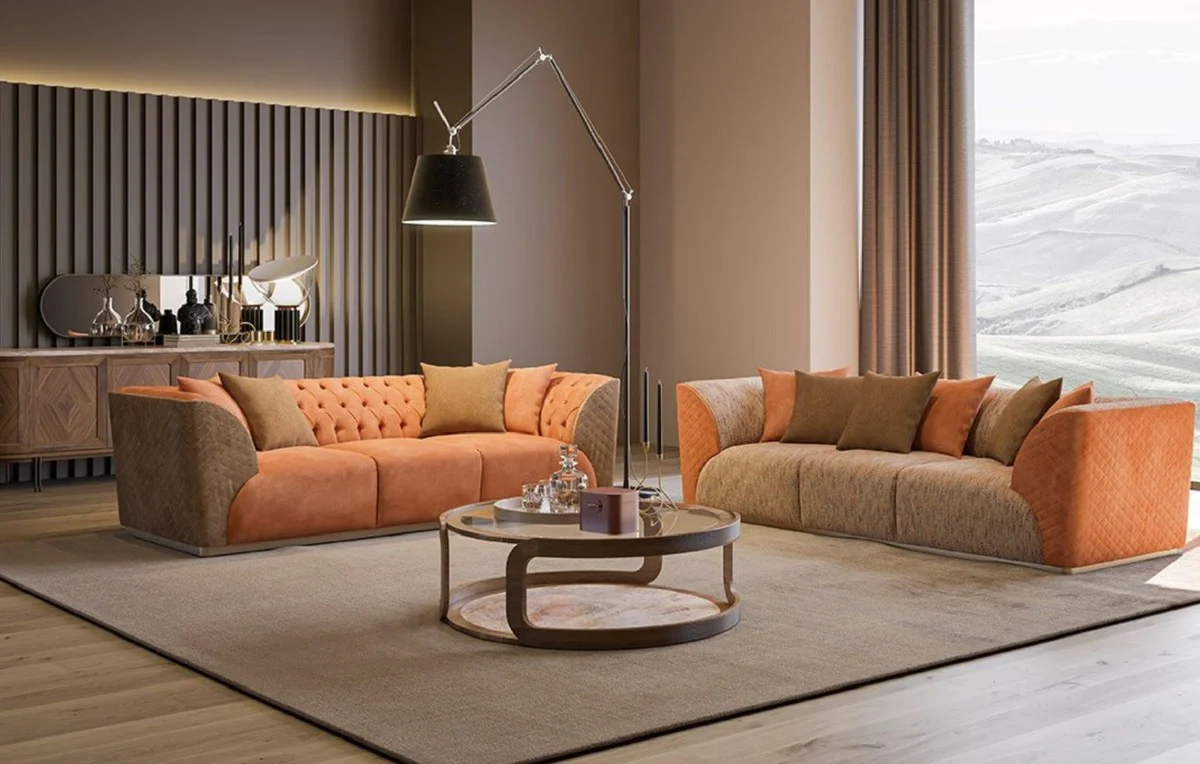 Luxus Chesterfield Sofa Orange / Braun / Messing 250 x 98 x H. 73 cm - Wohnzimmer Sofa - Hotel Sofa - Wohnzimmer Möbel - Chesterfield Möbel - Luxus Möbel - Luxus Einrichtung
