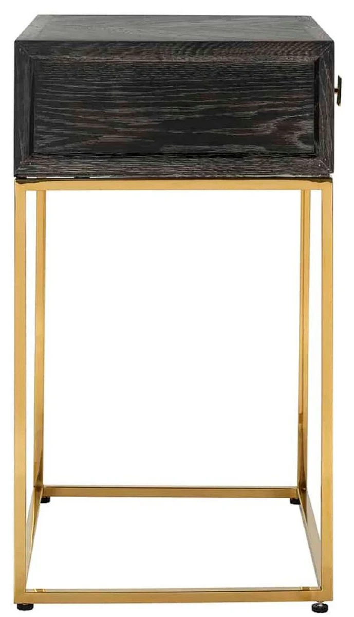 Luxus Beistelltisch Schwarz / Gold 50 x 40 x H. 71 cm - Massivholz Nachttisch mit Schublade und Edelstahl Gestell - Luxus Schlafzimmer Möbel