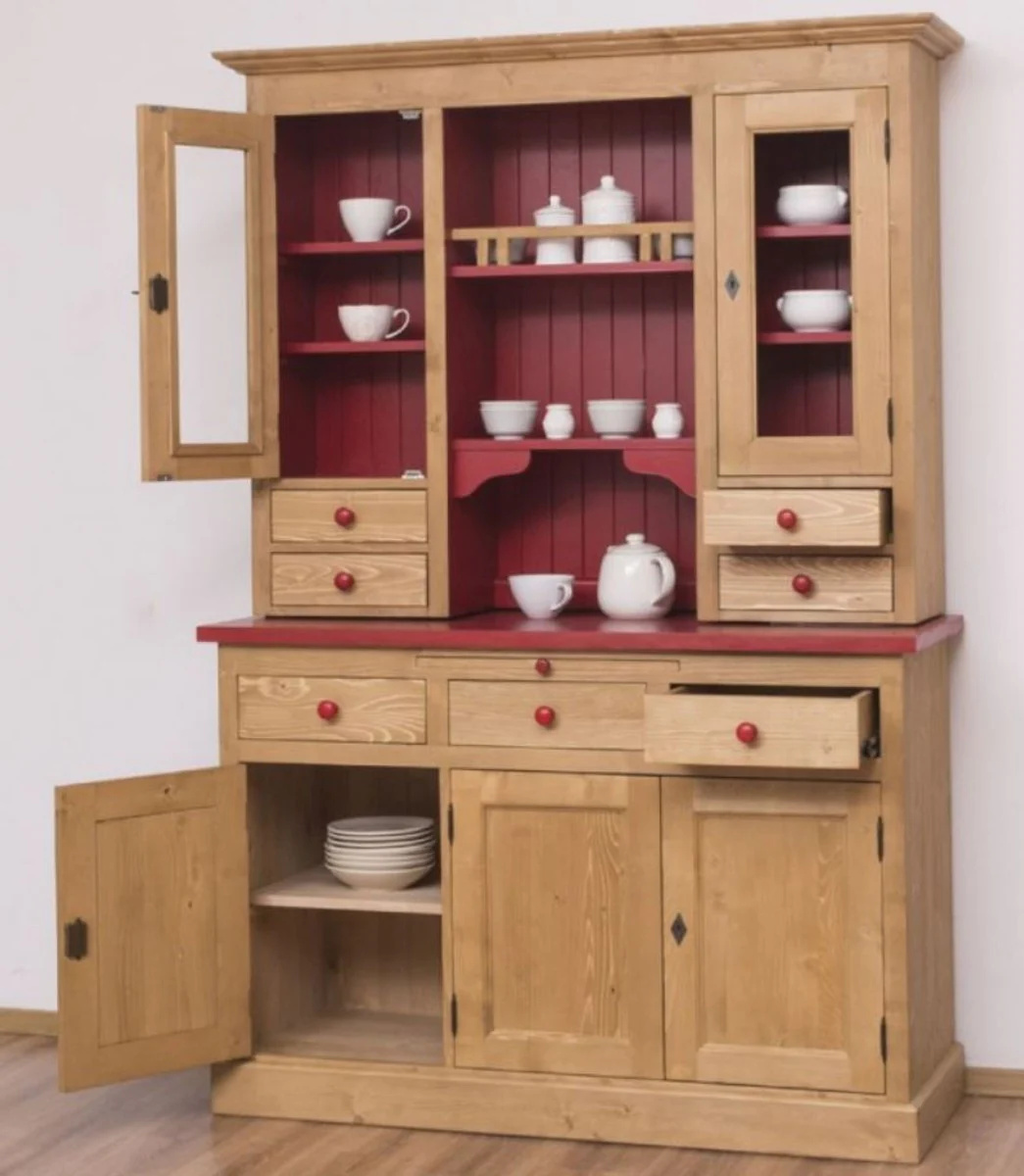 Landhausstil Küchenschrank Naturfarben / Bordeauxrot 137 x 50 x H. 197 cm - 2 Teiliger Küchenschrank mit 5 Türen und 7 Schubladen - Landhausstil Küchenmöbel