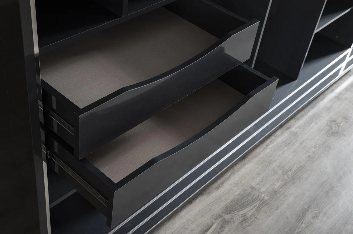 Luxus Schlafzimmerschrank Grau / Schwarz / Silber 260 x 72 x H. 218 cm - Edler Massivholz Kleiderschrank mit 2 Schiebetüren - Luxus Schlafzimmer Möbel