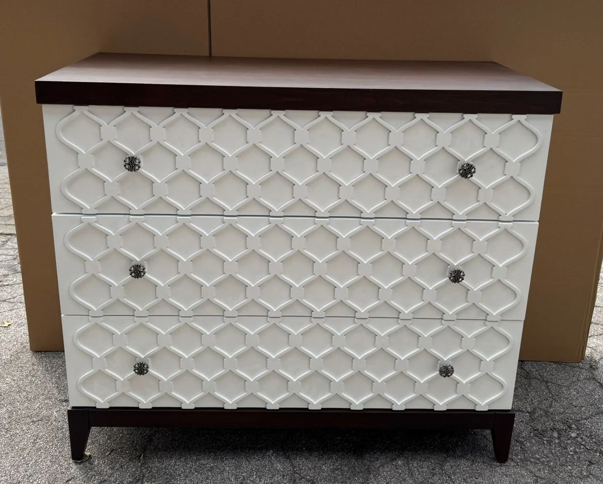 Luxus Art Deco Kommode mit 3 Schubladen Weiß / Dunkelbraun 120 cm