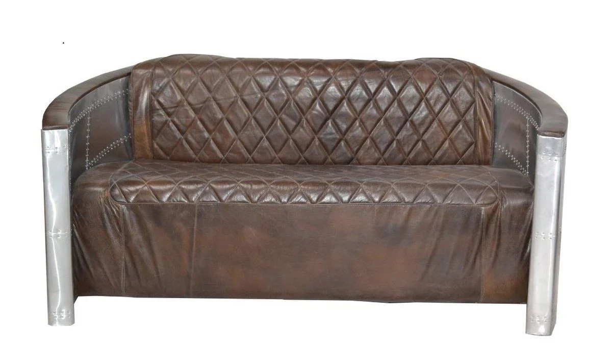 Luxus Aluminium 3-Sitz Sofa Dunkelbraun - Art Deco Vintage Flieger Möbel