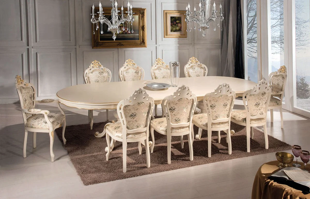 Luxus Barock Esszimmer Set Elfenbein / Mehrfarbig / Gold - 1 Esstisch 350 cm & 10 Esszimmer Stühle - Barock Möbel