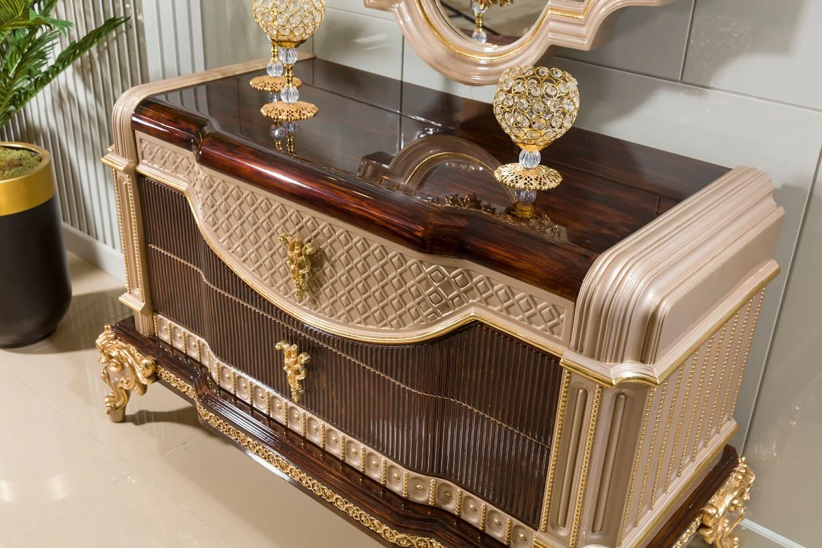 Luxus Barock Kommode mit Spiegel Dunkelbraun / Grau / Gold - Barock Möbel