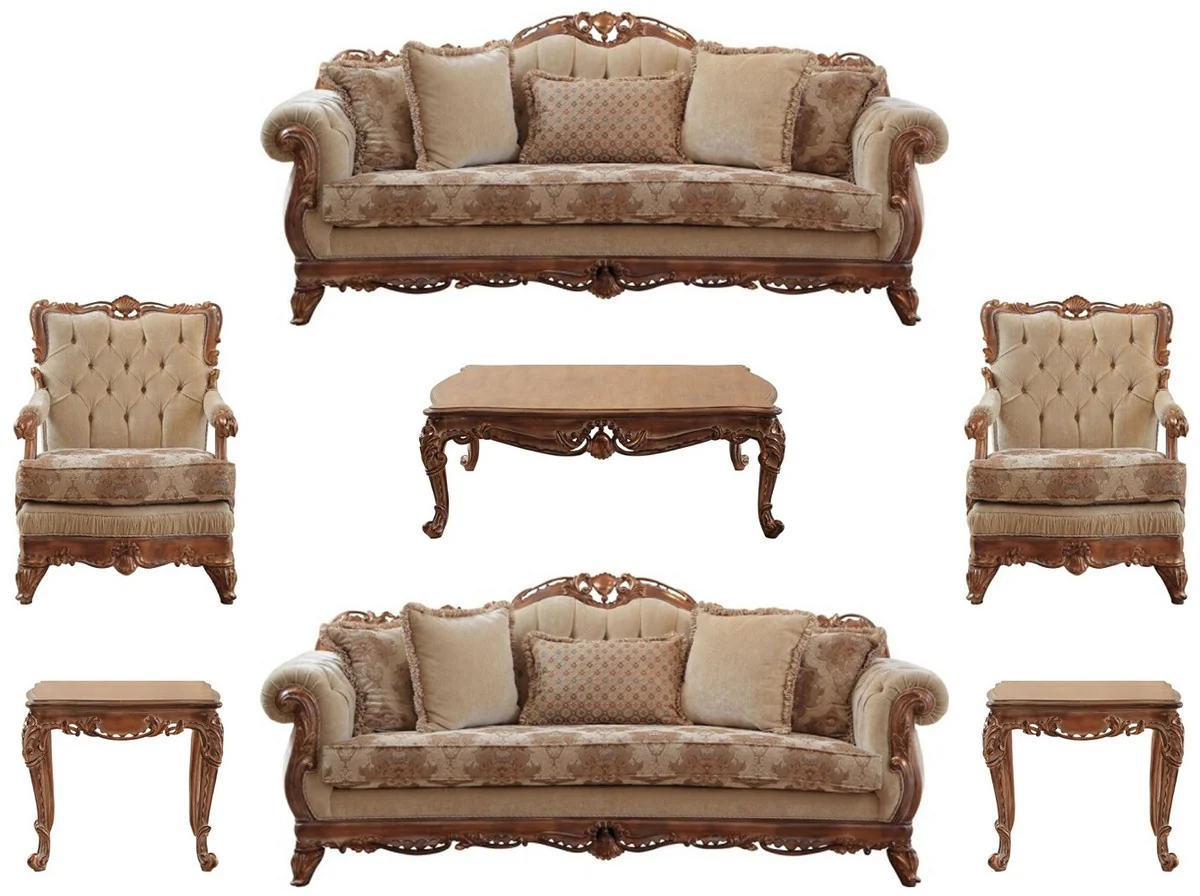 Luxus Barock Wohnzimmer Set Beige / Braun - 2 Sofas & 2 Sessel & 1 Couchtisch & 2 Beistelltische - Handgefertigte Wohnzimmer Möbel im Barockstil - Edel & Prunkvoll