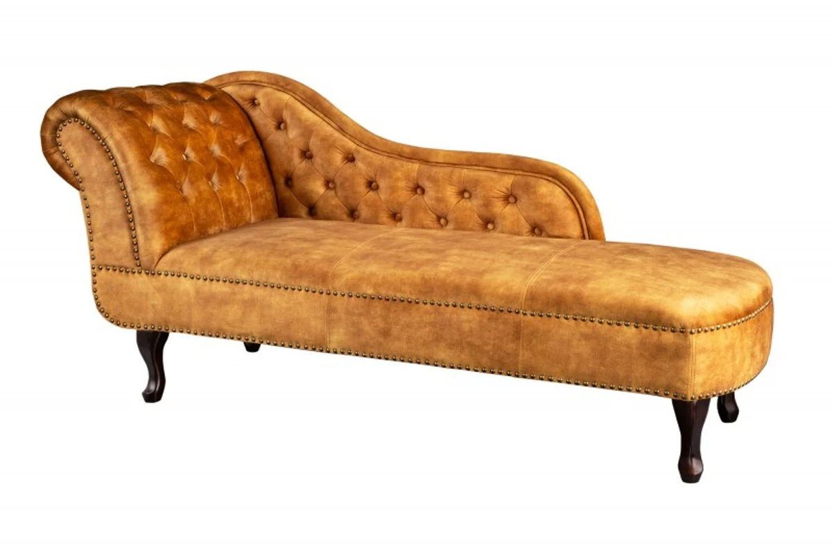Chesterfield Chaiselongue Samt senfgelb / Dunkelbraun aus dem Hause Casa Padrino