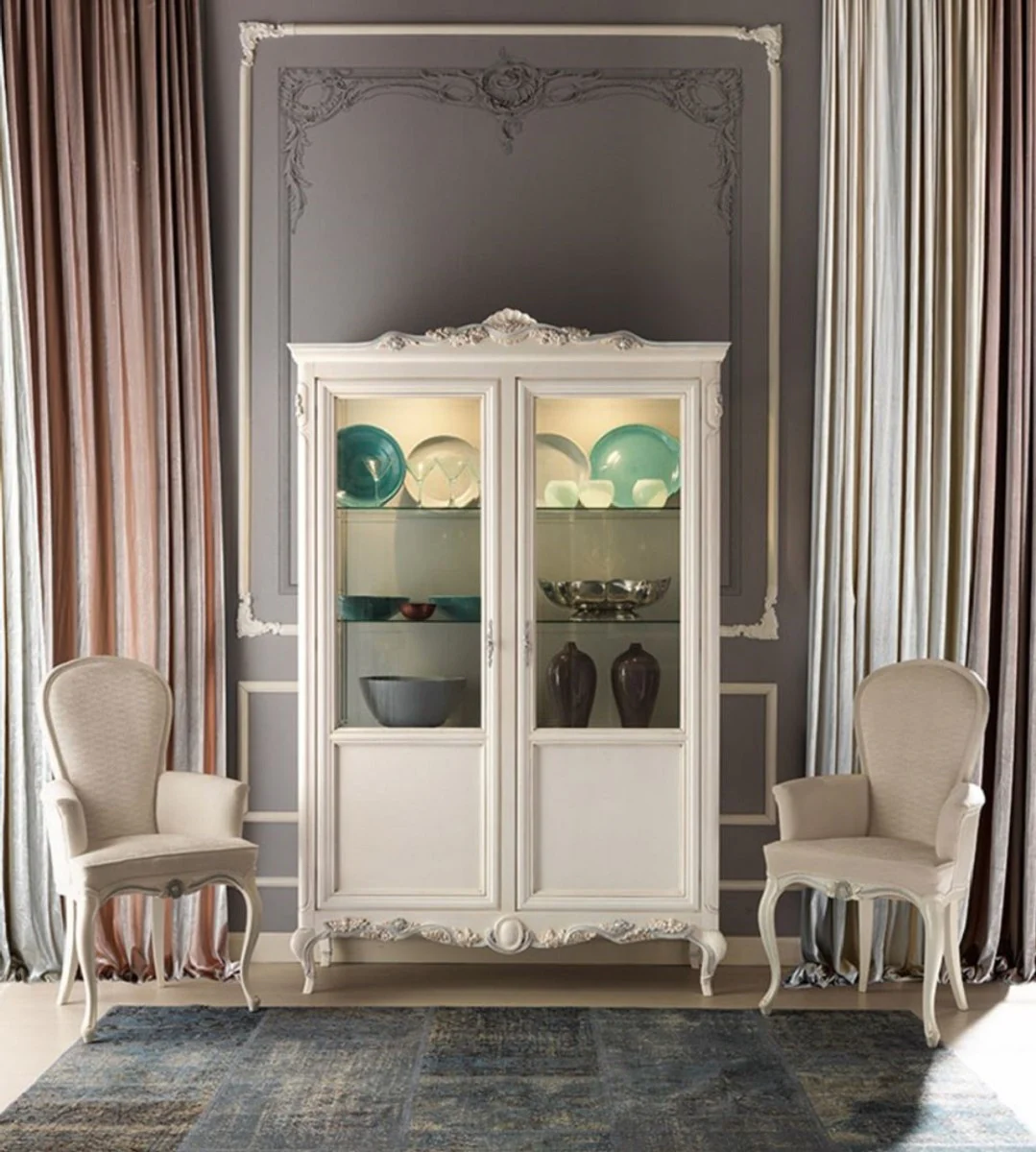 Luxus Barock Vitrine Creme / Grau - Handgefertigter italienischer Barockstil Vitrinenschrank - Italienische Barock Möbel - Barockstil Möbel - Luxus Qualität - Made in Italy