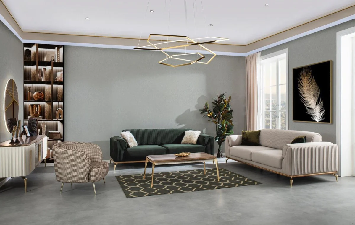 Luxus Art Deco Sofa Grün / Braun / Gold 230 x 100 x H. 92 cm - Edles Wohnzimmer Sofa mit dekorativen Kissen - Luxus Art Deco Möbel