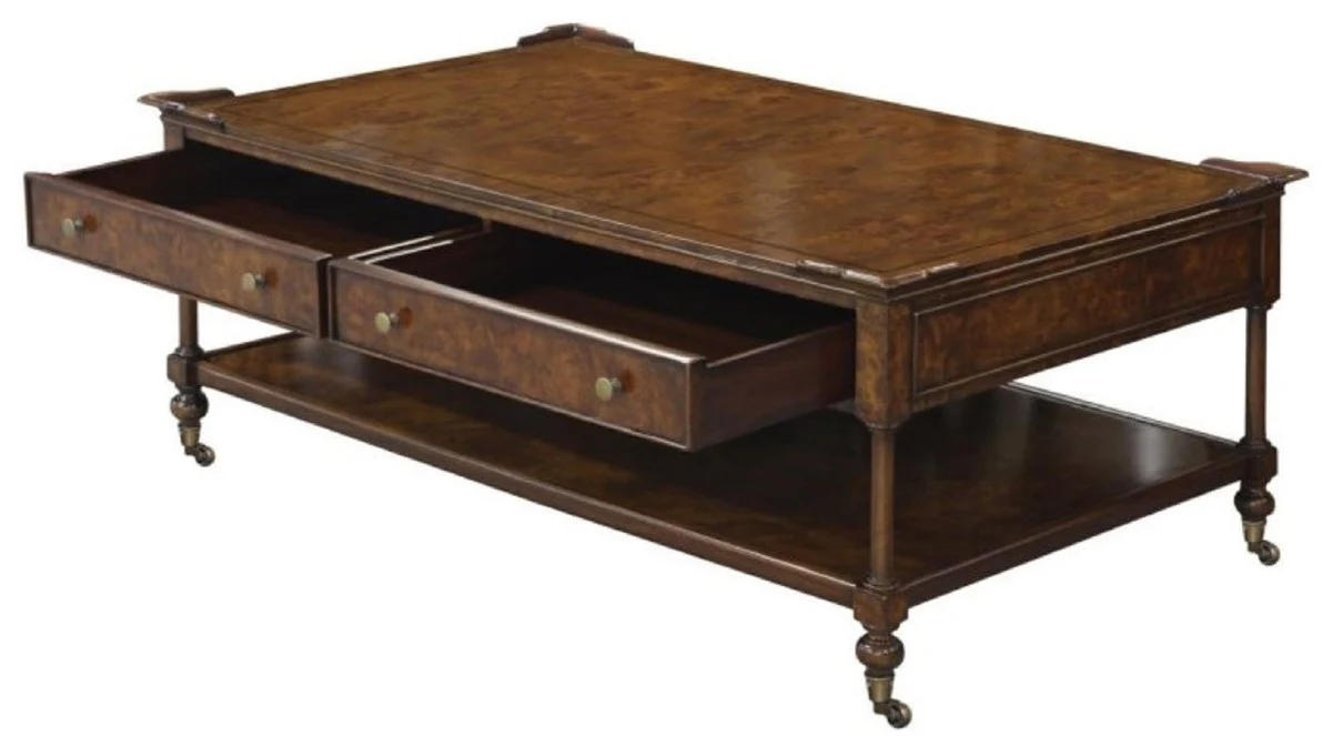 Luxus Jugendstil Couchtisch Braun 125 x 81 x H. 48 cm - Wohnzimmertisch mit Rollen und 2 Schubladen