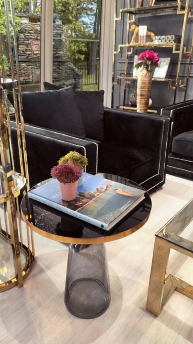 Luxus Beistelltisch Schwarz / Grau / Gold Ø 50 x H. 53 cm - Runder Glas Tisch - Moderne Wohnzimmer Möbel