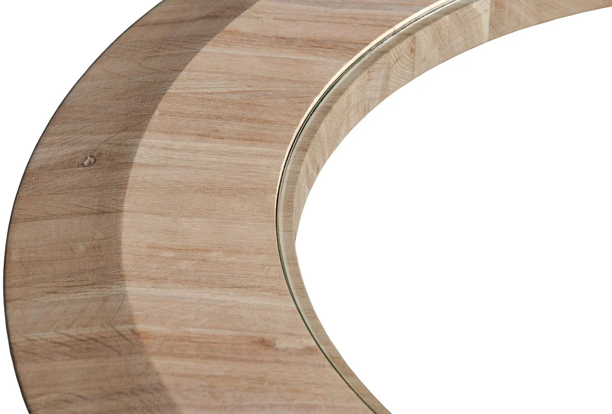 Luxus Massivholz Couchtisch Naturfarben Ø 73 x H. 43 cm - Runder Eichenholz Wohnzimmertisch mit Glasplatte - Massivholz Wohnzimmer Möbel