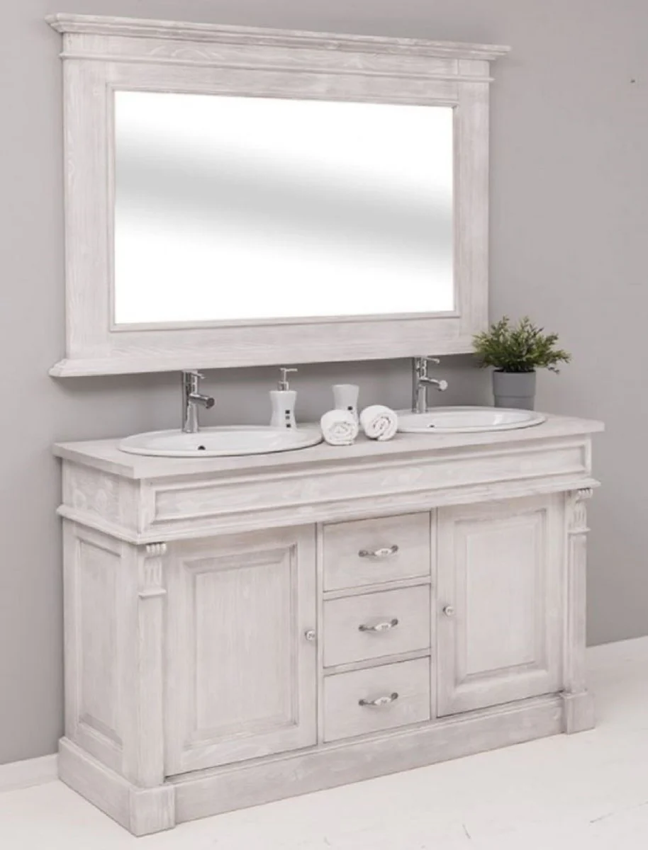 Landhausstil Badezimmer Set Hellgrau - 1 Doppelwaschtisch & 2 Waschbecken & 2 Wasserhähne & 1 Wandspiegel - Massivholz Badezimmer Möbel im Landhausstil