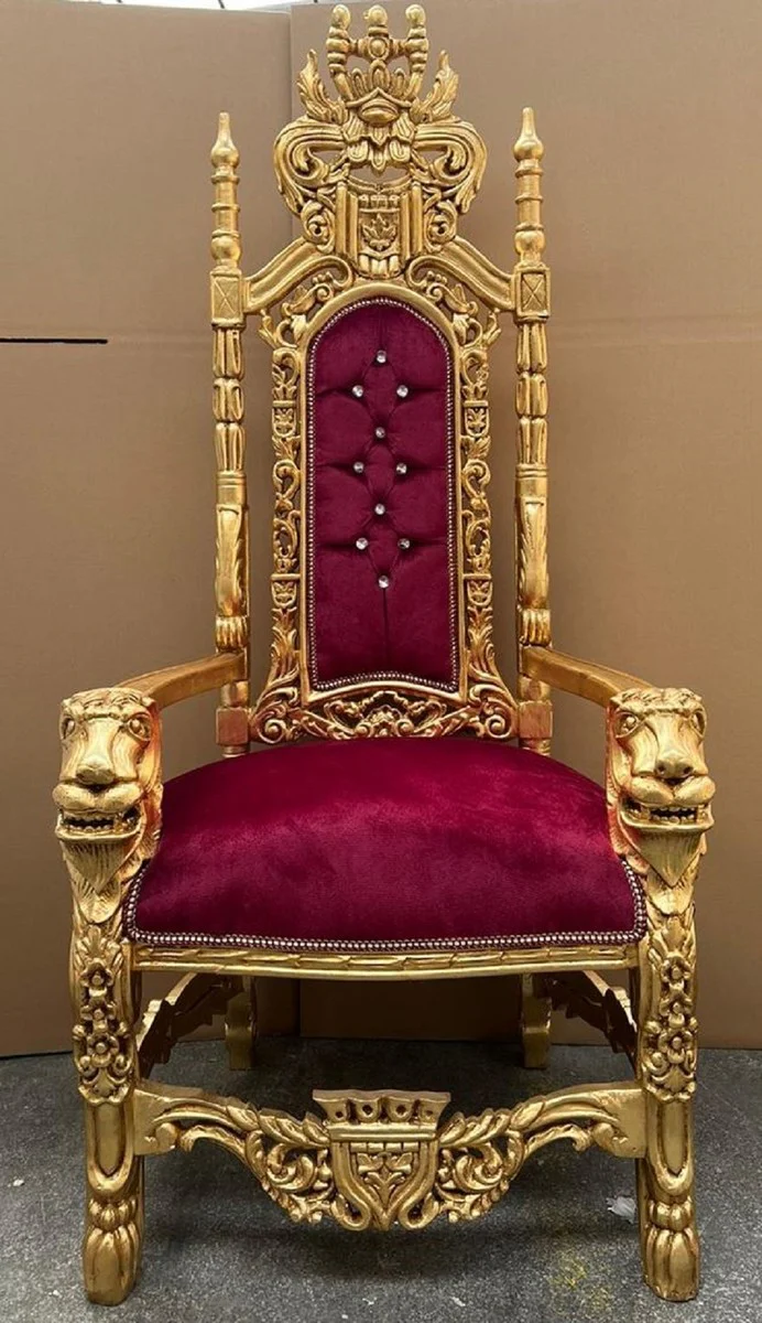 Barock Thron Sessel Bordeauxrot / Gold - Prunkvoller Barockstil Königssessel mit Glitzersteinen und edlem Samtstoff - Barockstil Hochzeitssessel - Barock Riesensessel - Barock Möbel