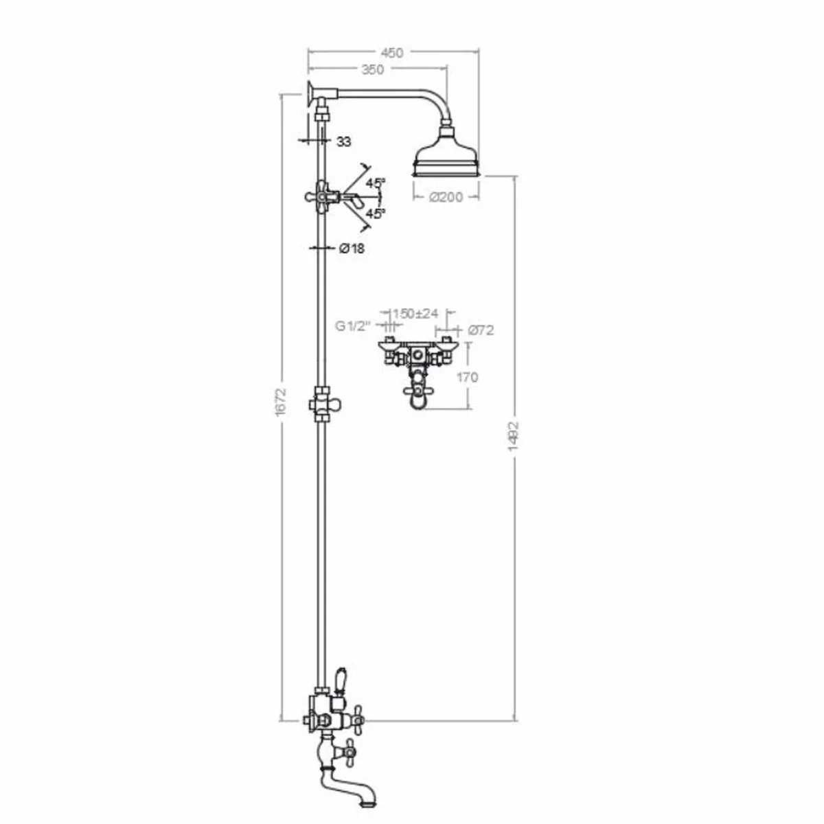 Jugendstil Badewannenarmatur mit Überkopfbrause und Handbrause H. 167,2 cm